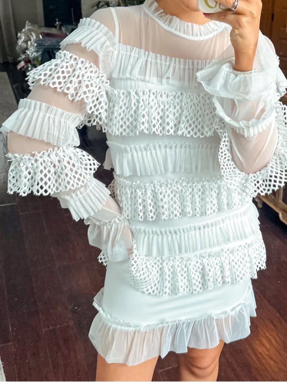 White Ruffle Lace Mini Dress